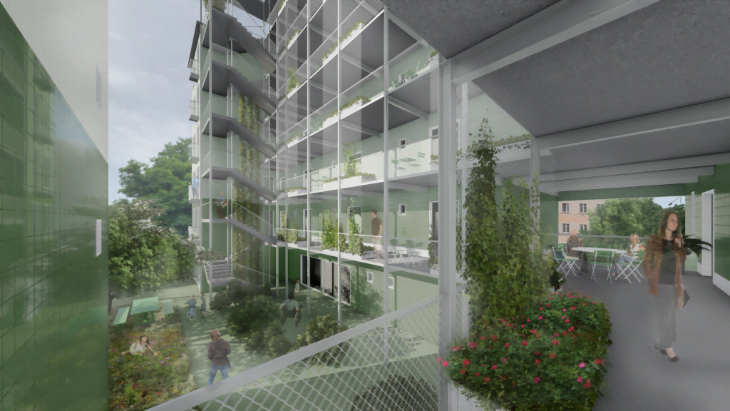 bytový dům Za Papírnou, soutěžní návrh 2022, dvůr s pavlačemi, zdroj RCNKSK.png