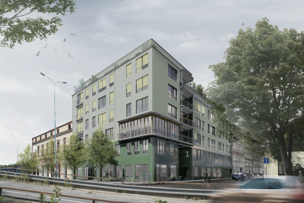 bytový dům Za Papírnou, soutěžní návrh 2022, nároží, zdroj RCNKSK