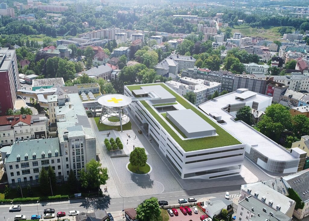 Vizualizace centra urgentní medicíny, které vyrůstá v areálu Krajské nemocnice Liberec.